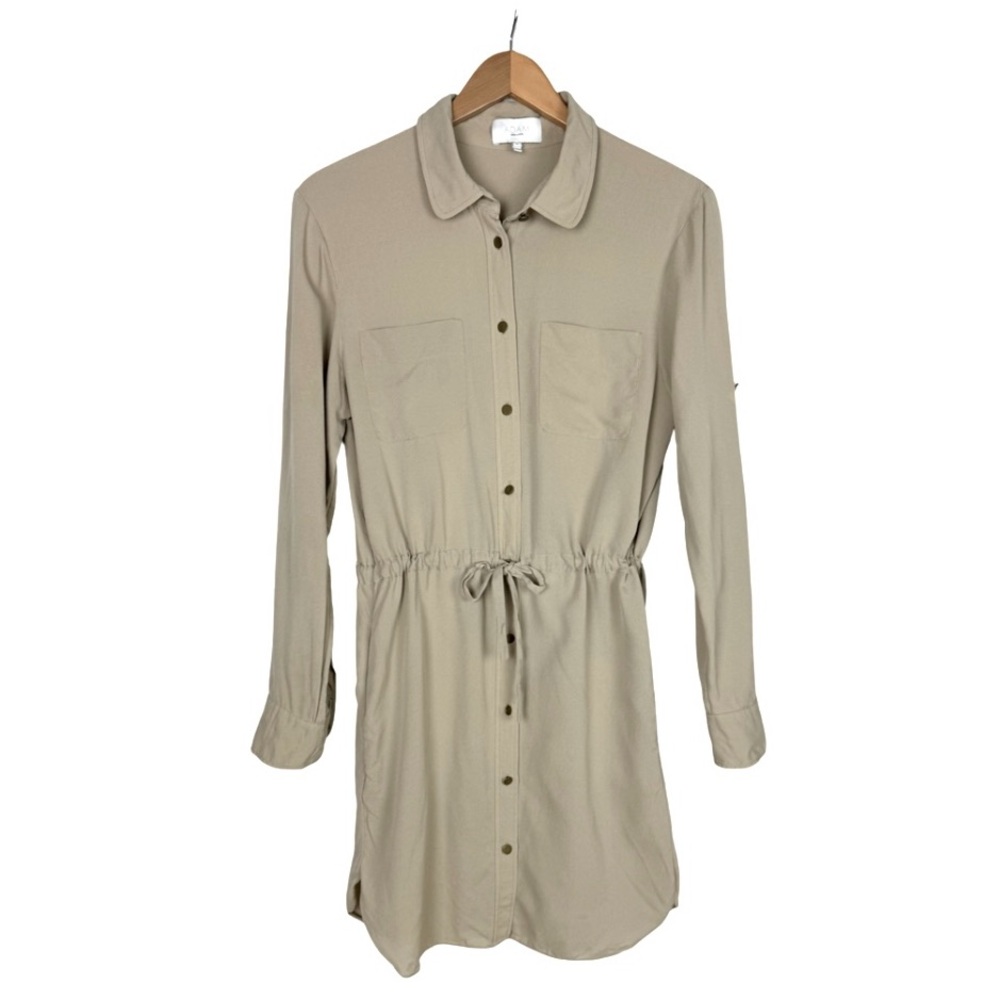 Adam Lippes Long Sleeve Tan Silk Button  Drawstring Waist Shirt Dress Preppy
